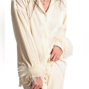 Waverles Ribbed Pleated Feather Cuff Button Down Top